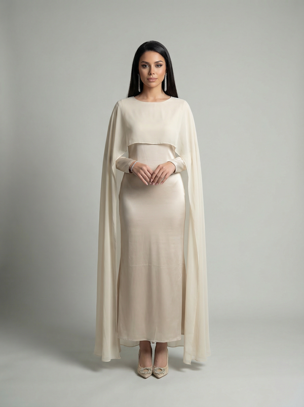 Modest Chiffon Maxi Dress - Evening Dress - Beige