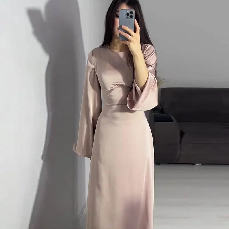 Modest satin maxi dress – Elegant Satin Maxi Dress with Flare Sleeves