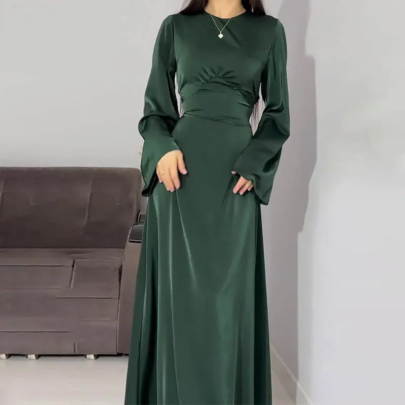 Modest satin maxi dress – Elegant Satin Maxi Dress with Flare Sleeves
