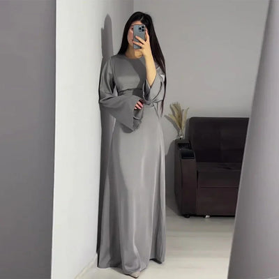 Modest satin maxi dress – Elegant Satin Maxi Dress with Flare Sleeves