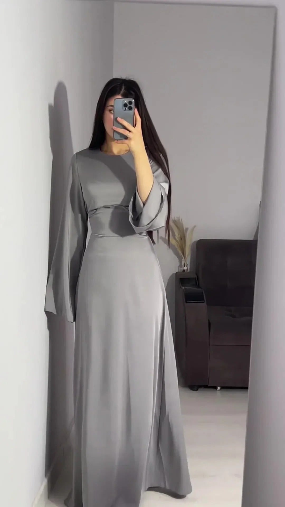 Modest satin maxi dress – Elegant Satin Maxi Dress with Flare Sleeves
