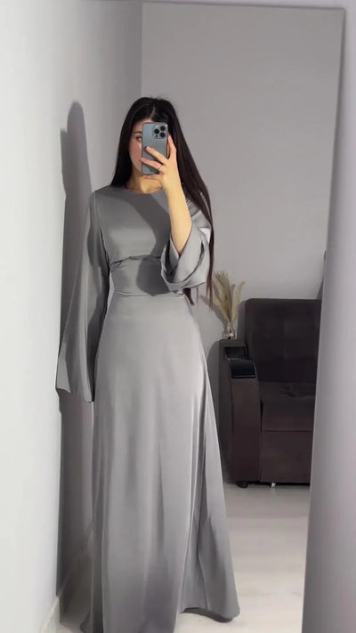 Modest satin maxi dress – Elegant Satin Maxi Dress with Flare Sleeves