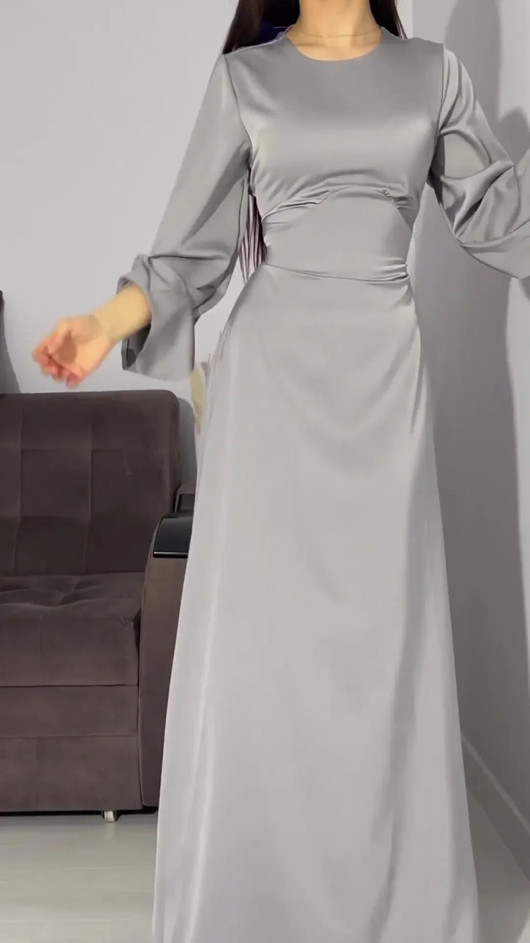 Modest satin maxi dress – Elegant Satin Maxi Dress with Flare Sleeves