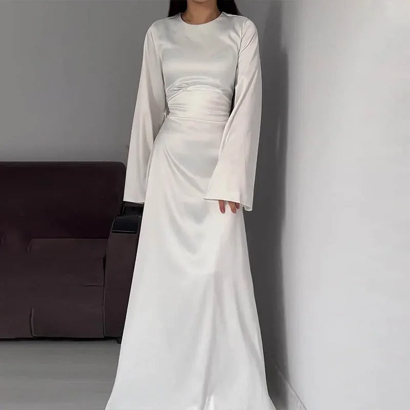 Modest satin maxi dress – Elegant Satin Maxi Dress with Flare Sleeves