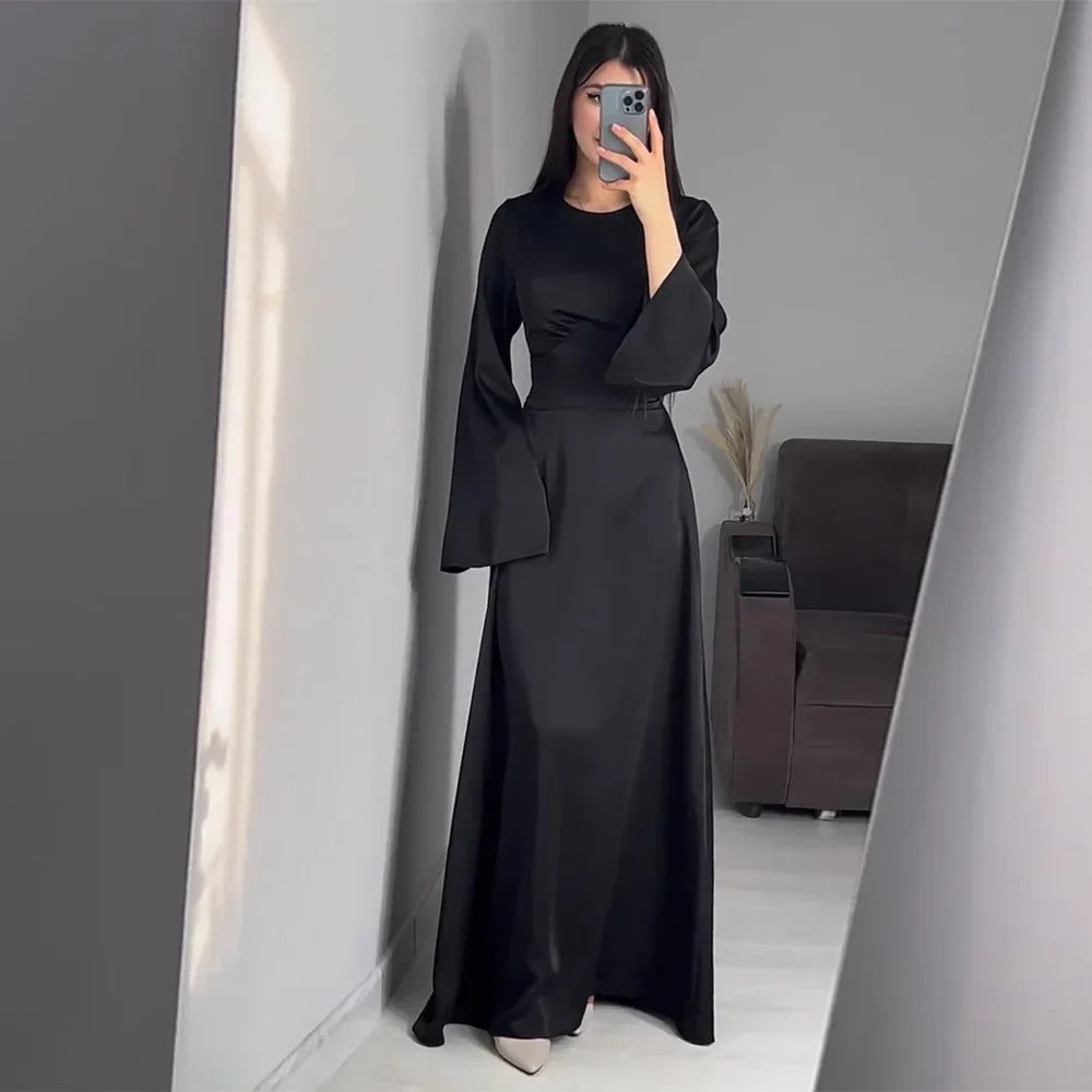 Modest satin maxi dress – Elegant Satin Maxi Dress with Flare Sleeves