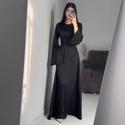 Modest satin maxi dress – Elegant Satin Maxi Dress with Flare Sleeves