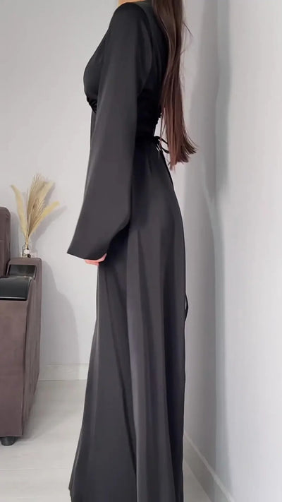 Modest satin maxi dress – Elegant Satin Maxi Dress with Flare Sleeves
