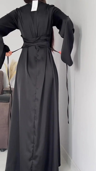 Modest satin maxi dress – Elegant Satin Maxi Dress with Flare Sleeves