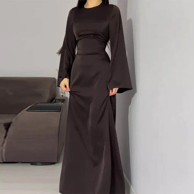 Modest satin maxi dress – Elegant Satin Maxi Dress with Flare Sleeves