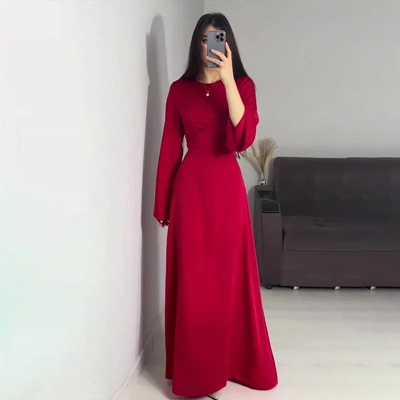 Modest satin maxi dress – Elegant Satin Maxi Dress with Flare Sleeves