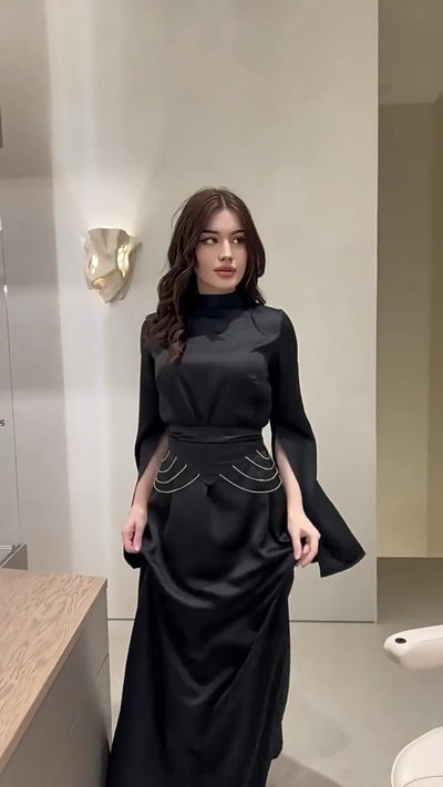 Modest Satin Maxi Dress with Split Sleeves & Waist Crystal Detail Black
