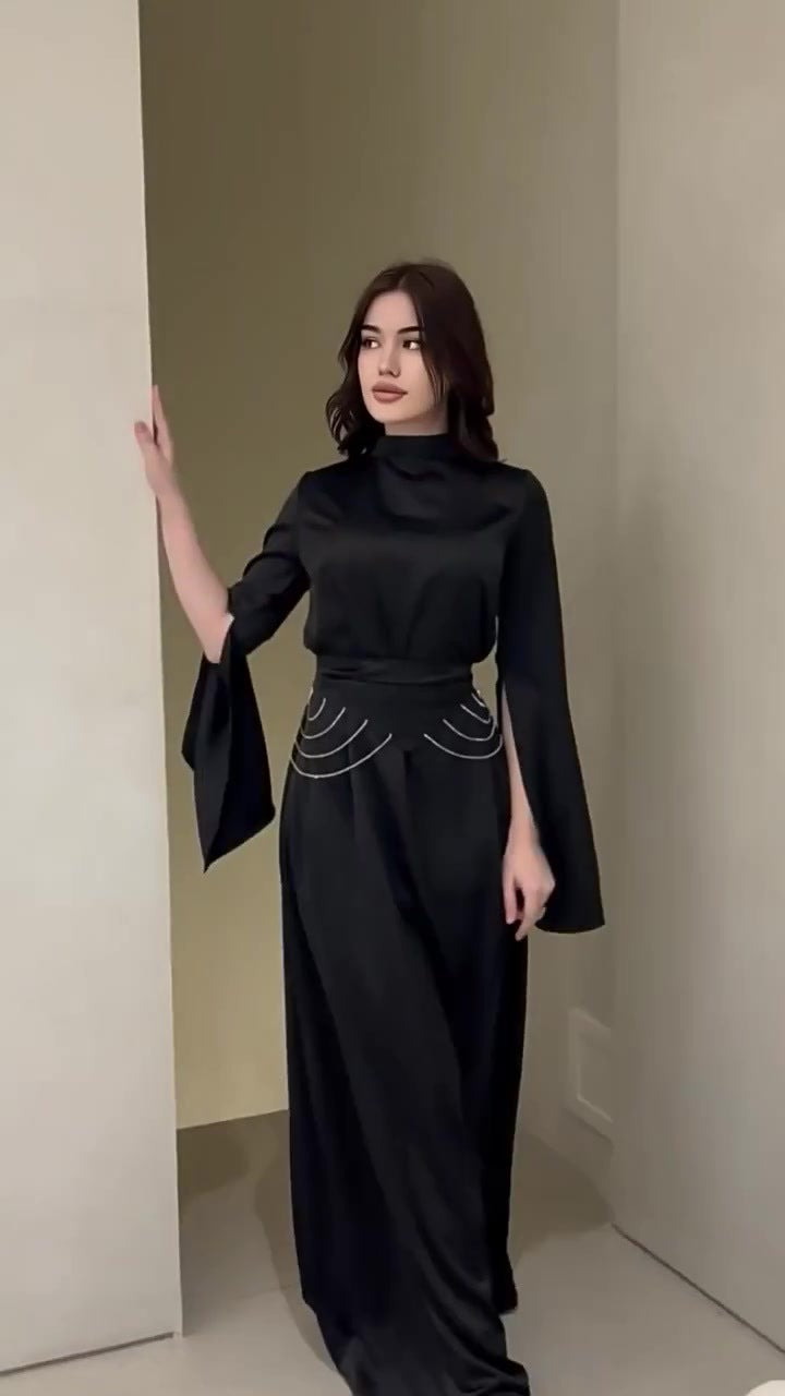 Modest Satin Maxi Dress with Split Sleeves & Waist Crystal Detail Black