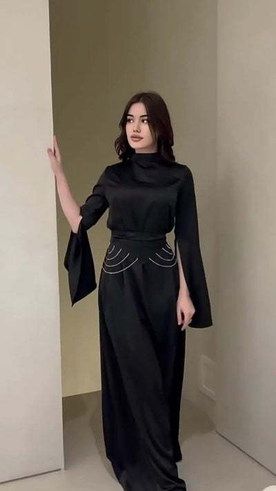Modest Satin Maxi Dress with Split Sleeves & Waist Crystal Detail Black