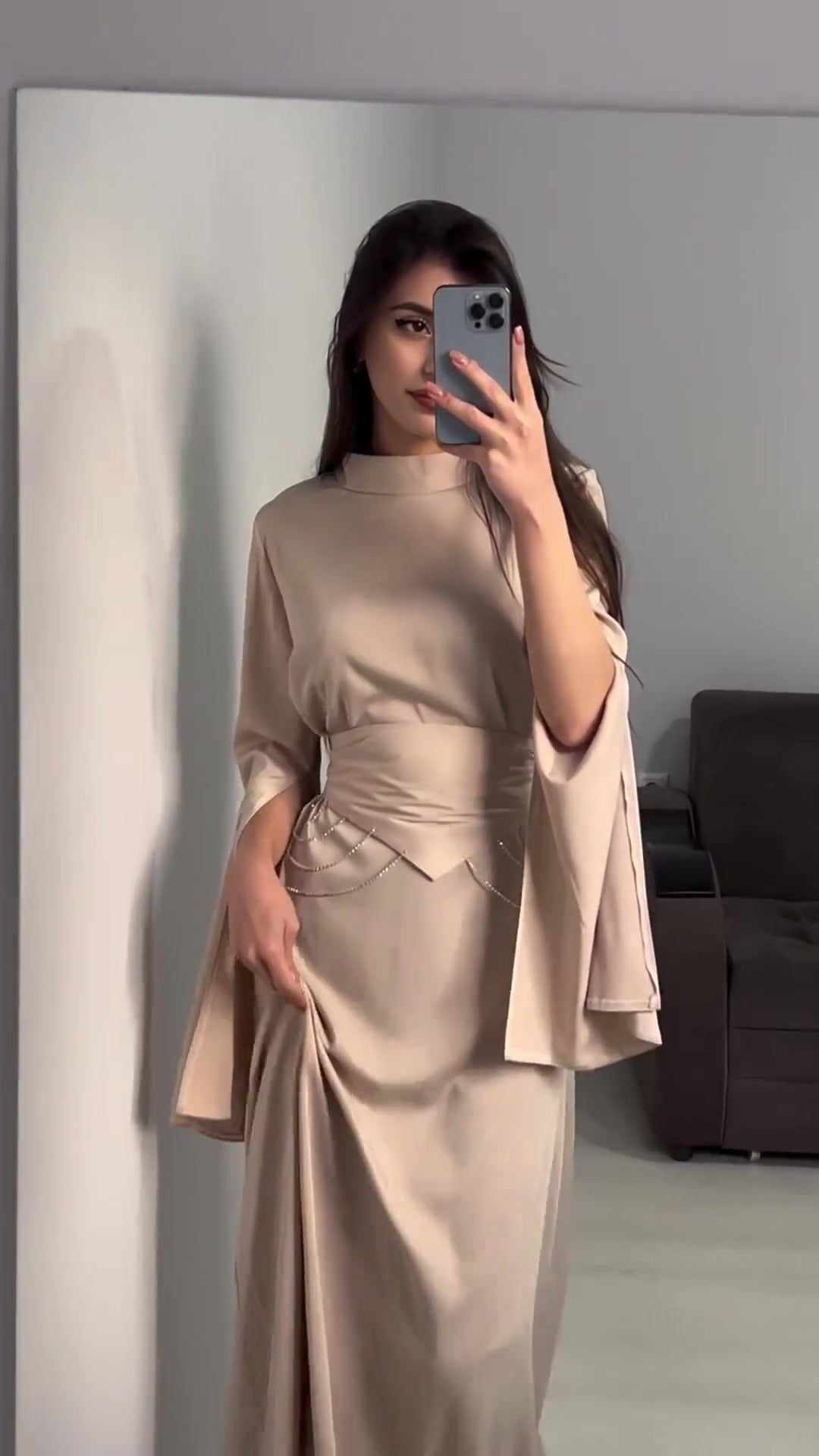 Modest Satin Maxi Dress with Split Sleeves & Waist Crystal Detail Champagne