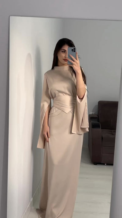 Modest Satin Maxi Dress with Split Sleeves & Waist Crystal Detail Champagne