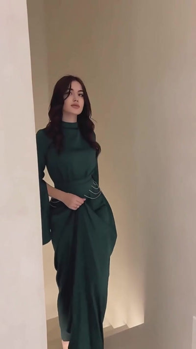 Modest Satin Maxi Dress with Split Sleeves & Waist Crystal Detail Dark Green