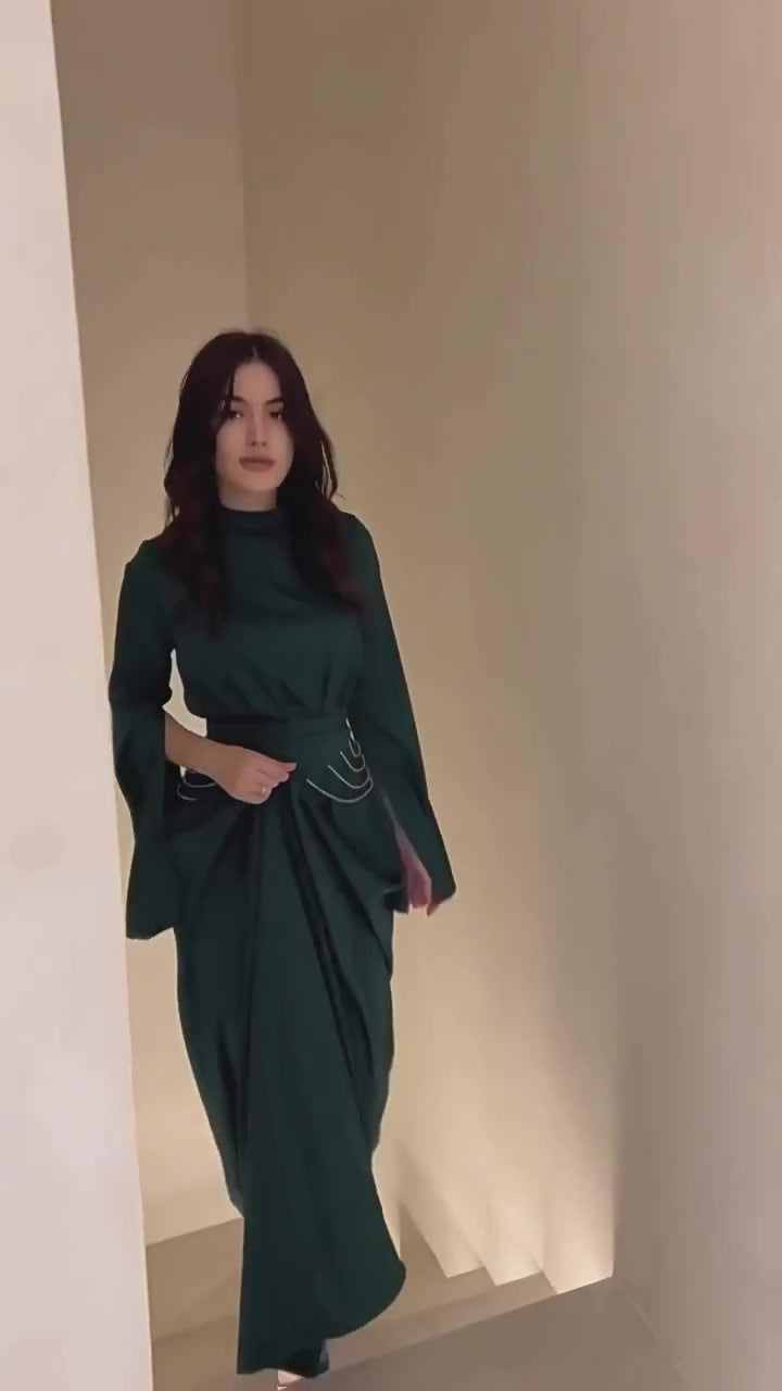 Modest Satin Maxi Dress with Split Sleeves & Waist Crystal Detail Dark Green