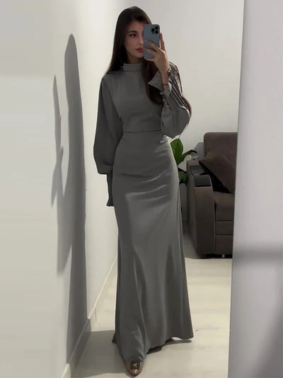 Modest satin maxi dress in grey – Modest Pleated Cuff Satin Maxi Dress with Lace-Up Back