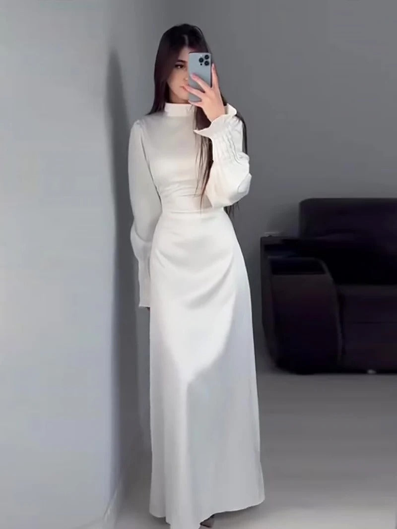 Modest satin maxi dress in Light Blue – Modest Pleated Cuff Satin Maxi Dress with Lace-Up Back white
