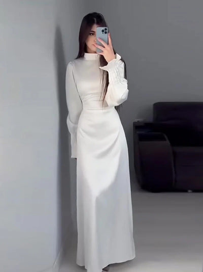 Modest satin maxi dress in Light Blue – Modest Pleated Cuff Satin Maxi Dress with Lace-Up Back white
