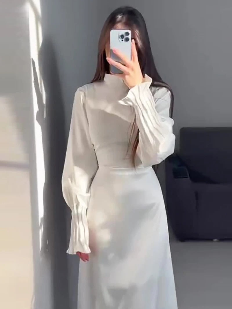 Modest Pleated Cuff Satin Maxi Dress with Lace-Up Back white