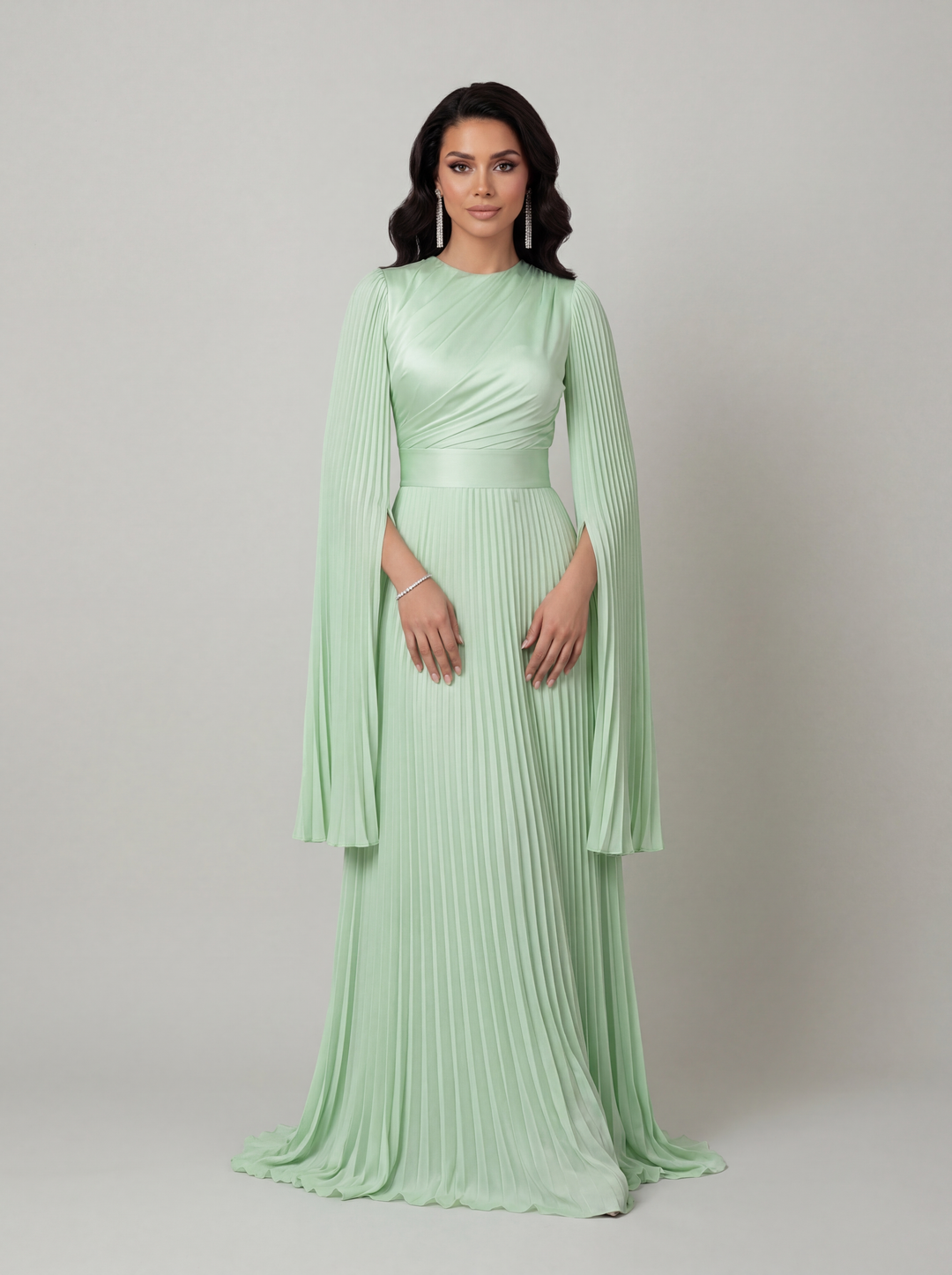 Modest Pleated Satin Maxi Dress - Evening Gown