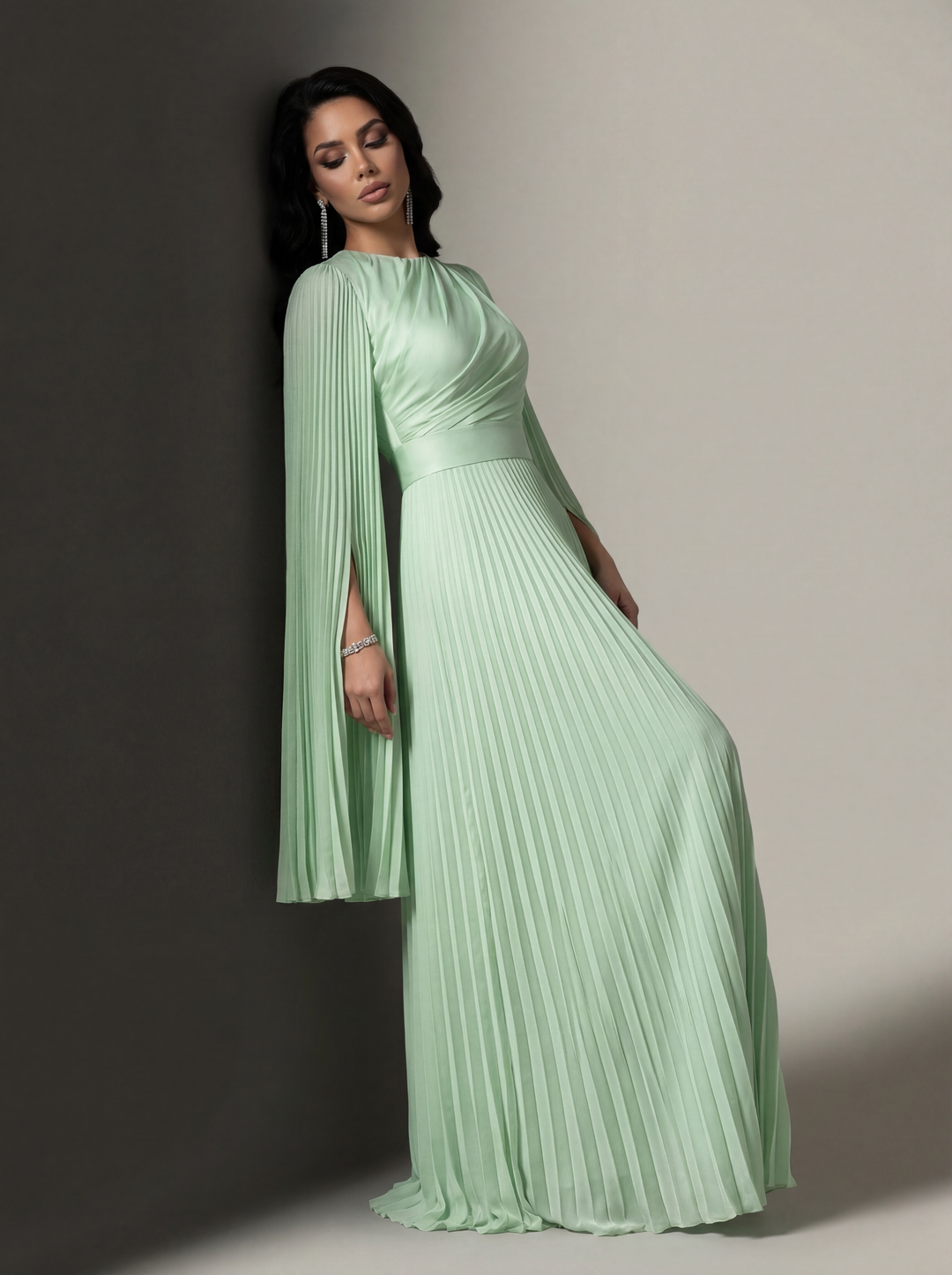 green emerald velvet dress 21SIX Dorothea Mint Silk Pleated Dress