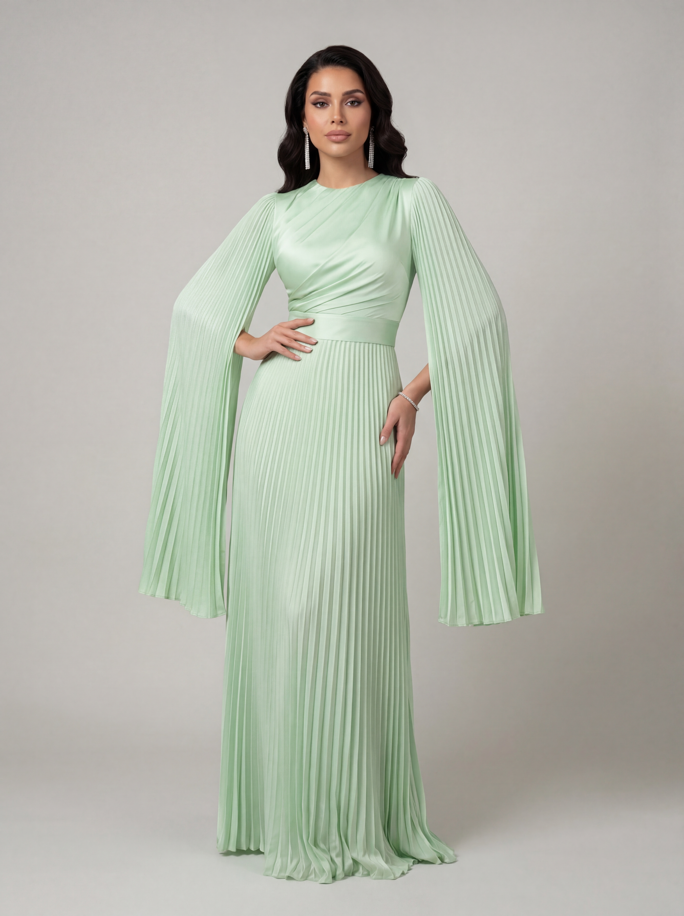 Modest Pleated Satin Maxi Dress - Evening Gown - Mint Green
