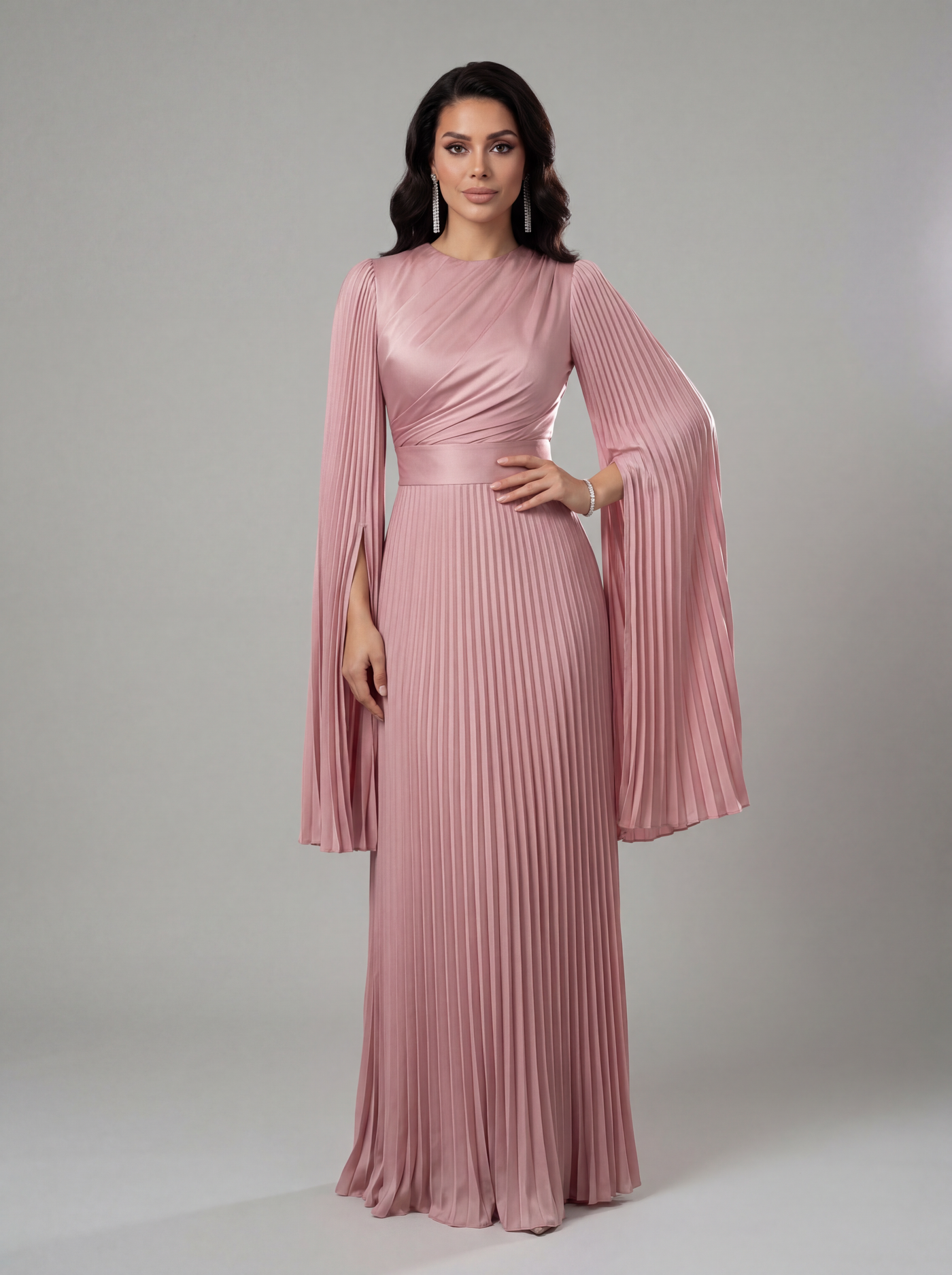 Modest Pleated Satin Maxi Dress - Evening Gown - Rose