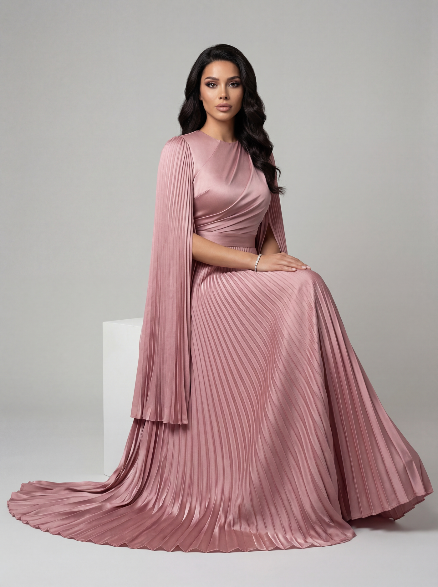 Modest Pleated Satin Maxi Dress - Evening Gown