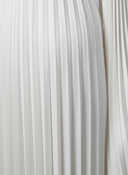 White modest pleated satin evening gown with high neckline, long split sleeves, and adjustable tie-back waist for formal occasions - styling view