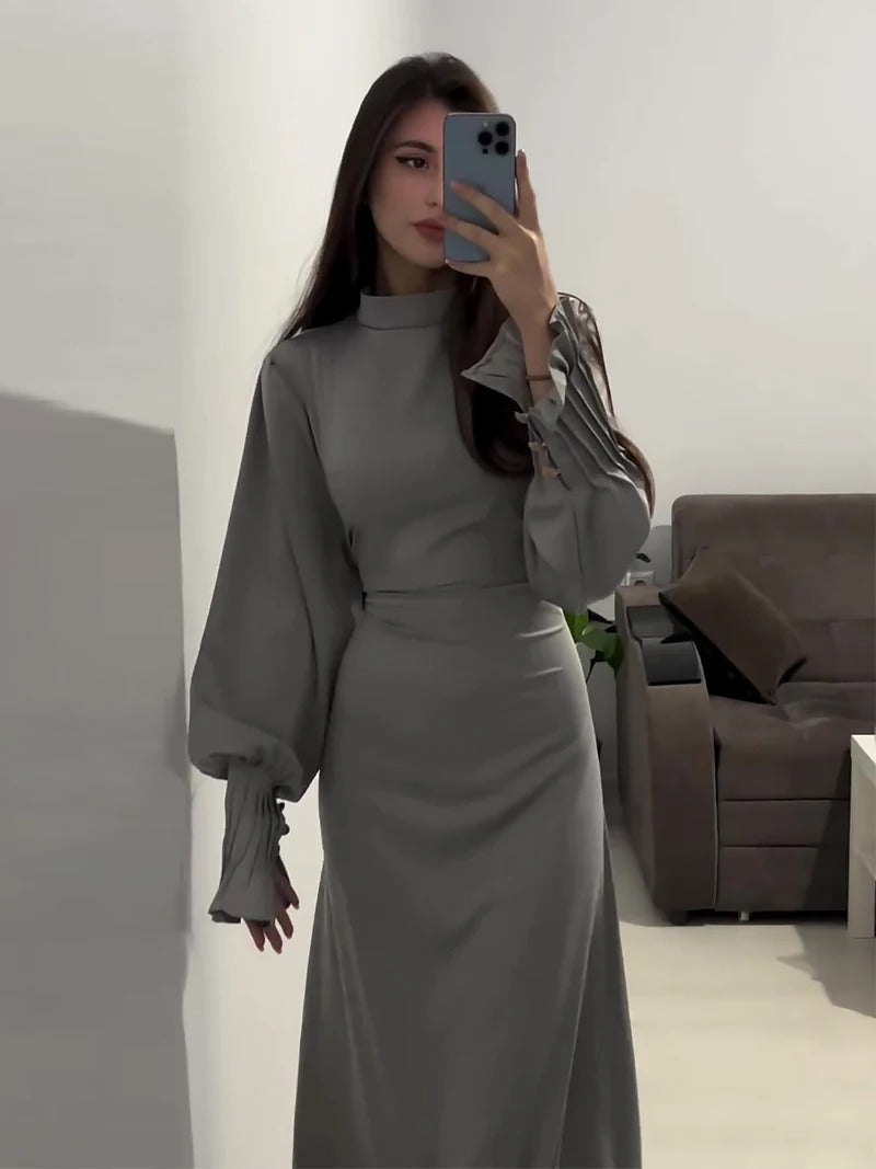 Modest satin maxi dress in grey – Modest Pleated Cuff Satin Maxi Dress with Lace-Up Back