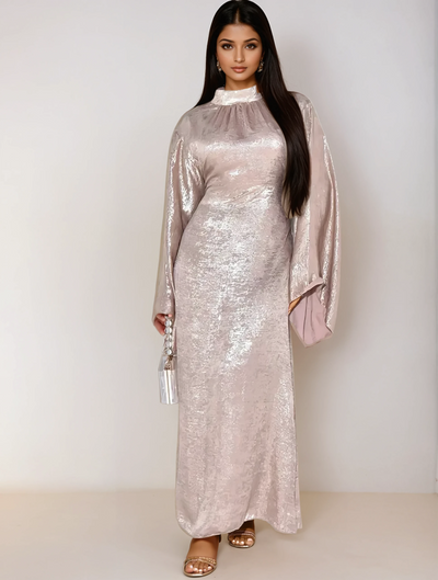 Modest satin maxi dress – Beige Elegance Abaya Dress