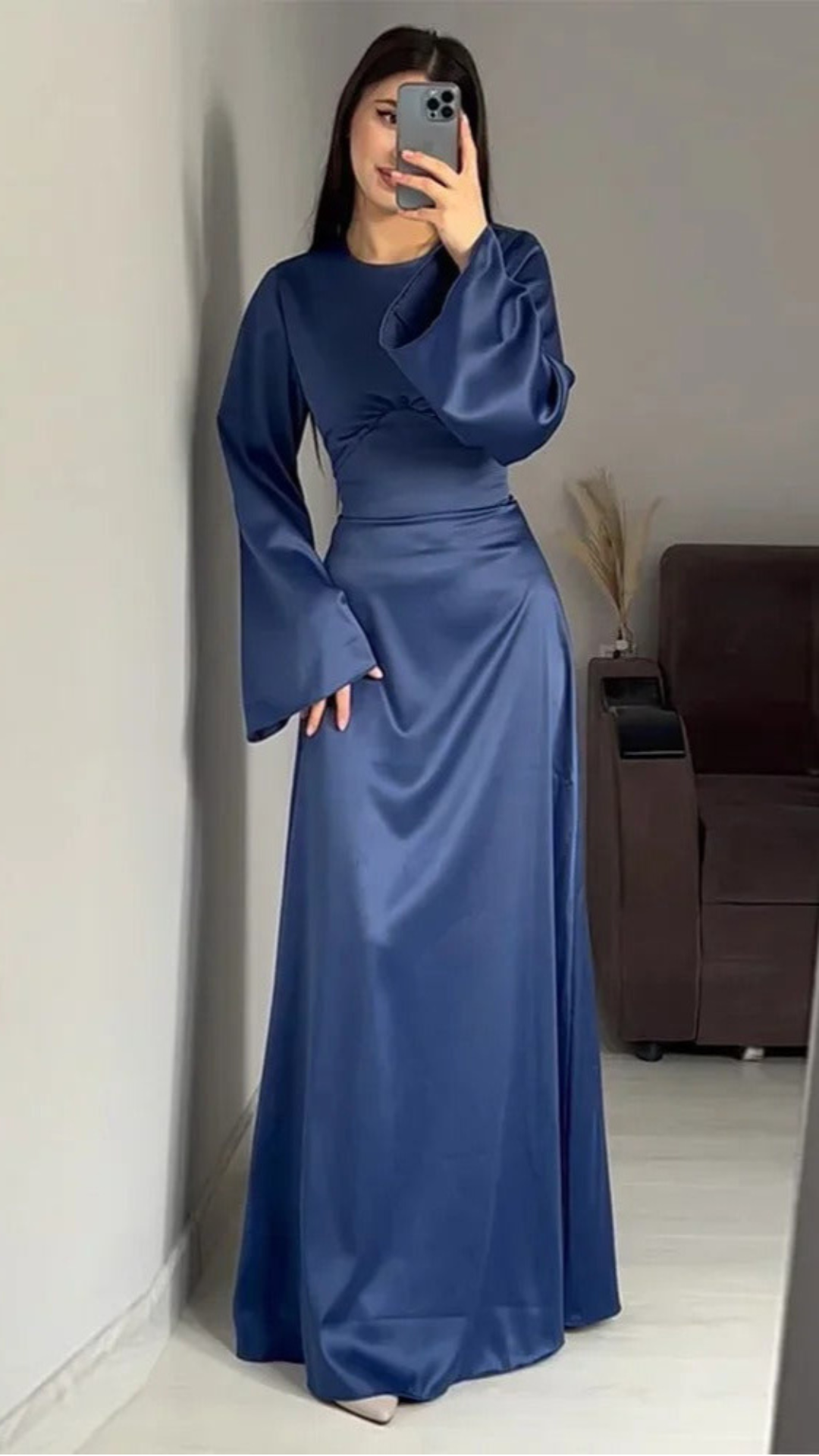 Modest satin maxi dress in Blue – Elegant Satin Maxi Dress with Flare Sleeves
