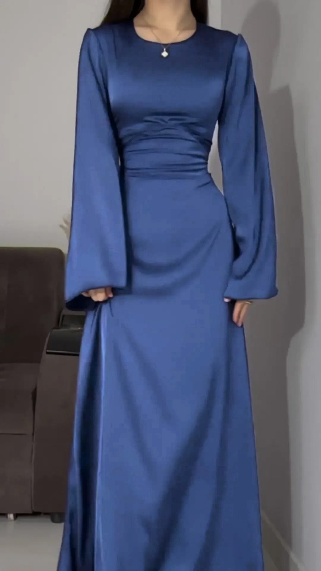 Modest satin maxi dress in Blue – Elegant Satin Maxi Dress with Flare Sleeves