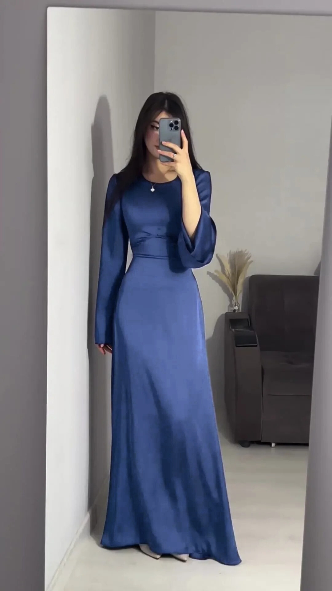 Modest satin maxi dress in Blue – Elegant Satin Maxi Dress with Flare Sleeves