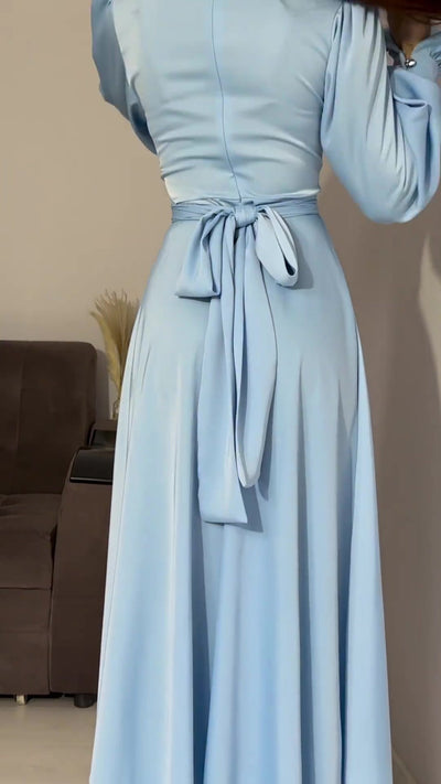 Modest satin maxi dress in Light Blue – Modest Satin Long Sleeve Maxi Dress with Belted Waist