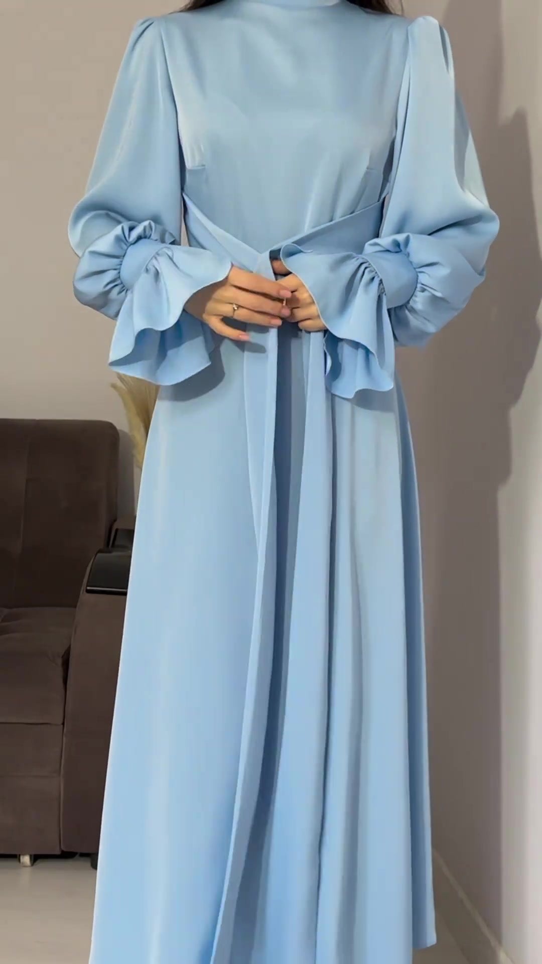 Modest satin maxi dress in Light Blue – Modest Satin Long Sleeve Maxi Dress with Belted Waist