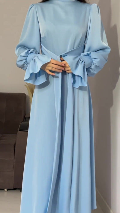 Modest satin maxi dress in Light Blue – Modest Satin Long Sleeve Maxi Dress with Belted Waist