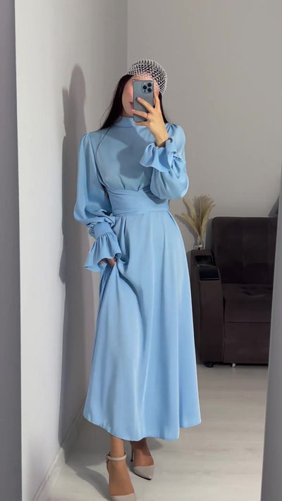 Modest satin maxi dress in Light Blue – Modest Satin Long Sleeve Maxi Dress with Belted Waist