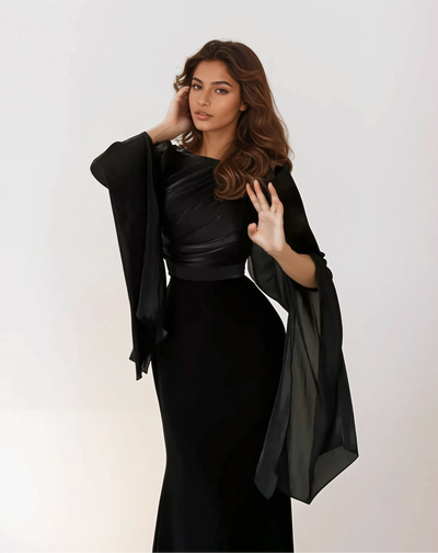 Modest satin maxi dress in Black – Modest Satin Maxi Evening Dress with Split Sleeves