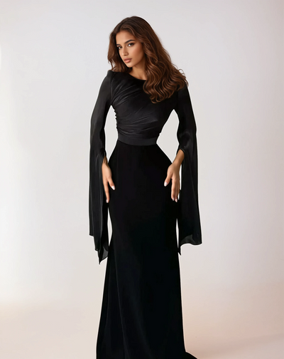 Modest satin maxi dress in Black – Modest Satin Maxi Evening Dress with Split Sleeves