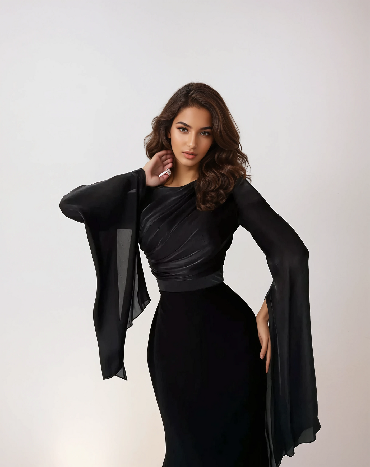 Modest satin maxi dress in Black – Modest Satin Maxi Evening Dress with Split Sleeves