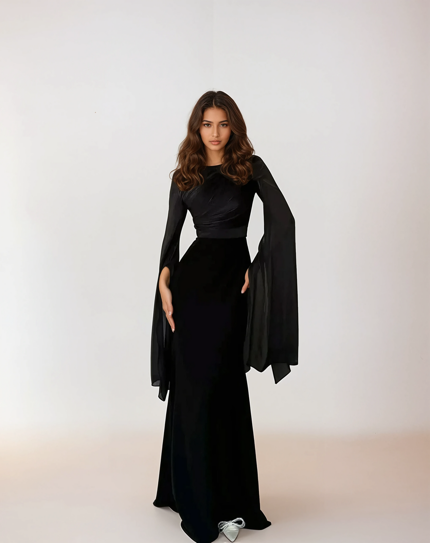 Modest satin maxi dress in Black – Modest Satin Maxi Evening Dress with Split Sleeves
