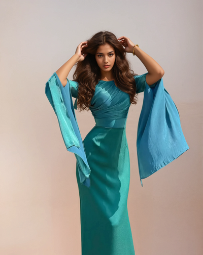 Modest satin maxi dress in Green – Modest Satin Maxi Evening Dress with Split Sleeves