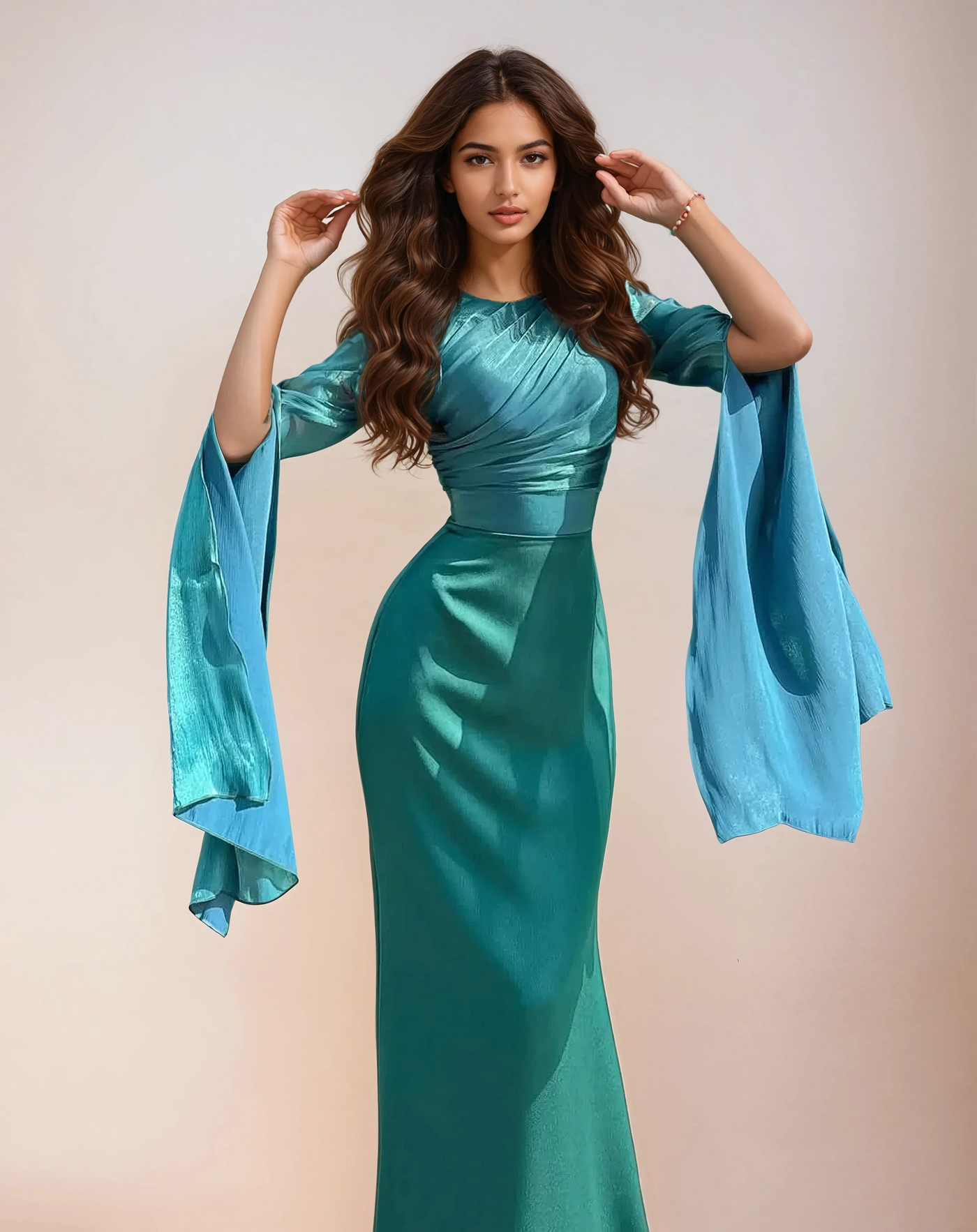 Modest satin maxi dress in Green – Modest Satin Maxi Evening Dress with Split Sleeves