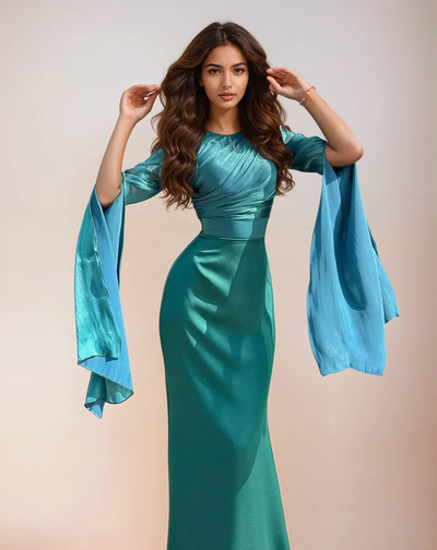 Modest satin maxi dress in Green – Modest Satin Maxi Evening Dress with Split Sleeves
