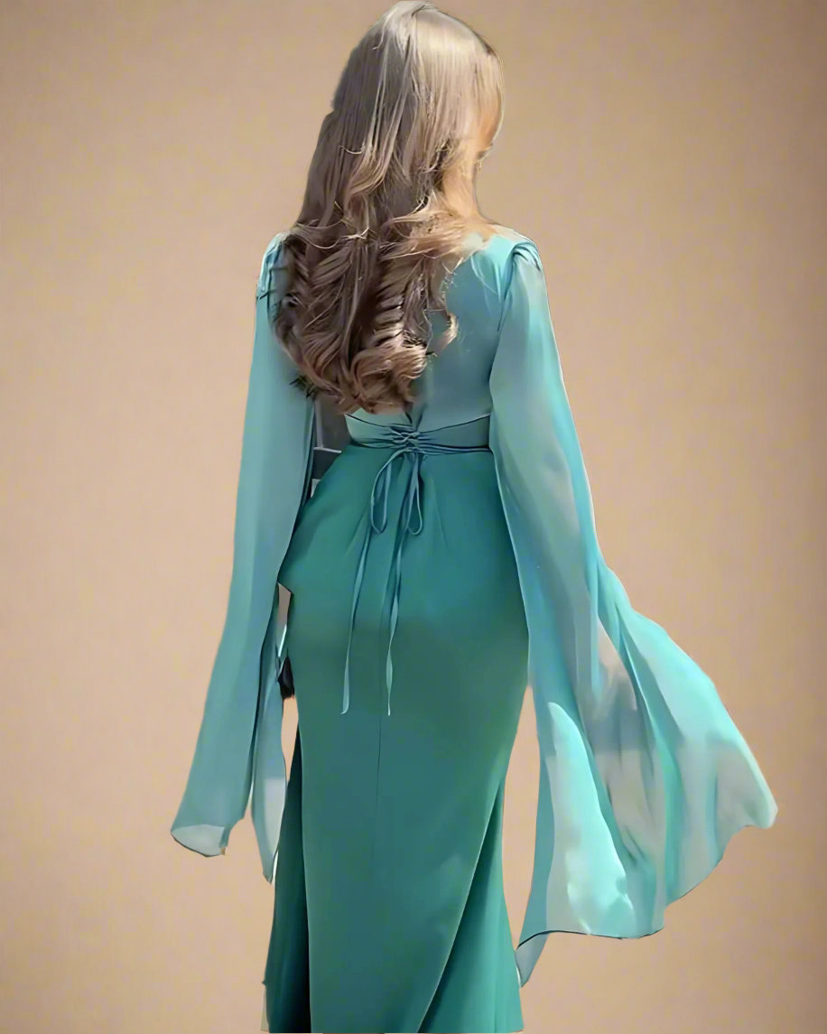 Modest satin maxi dress in Green – Modest Satin Maxi Evening Dress with Split Sleeves