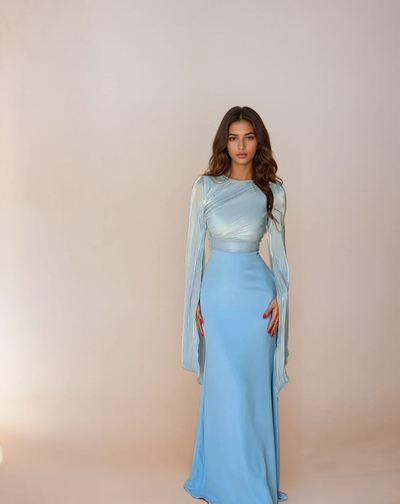 Modest satin maxi dress in Baby Blue – Modest Satin Maxi Evening Dress with Split Sleeves