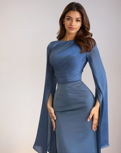 Modest satin maxi dress in Blue – Modest Satin Maxi Evening Dress with Split Sleeves